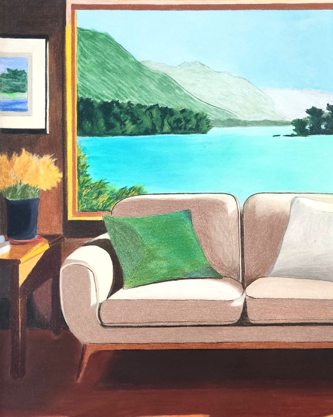 Fenêtre sur lac V6 - Oil Pencils and Pastel on archival paper, 40 x 30 cm, 2024